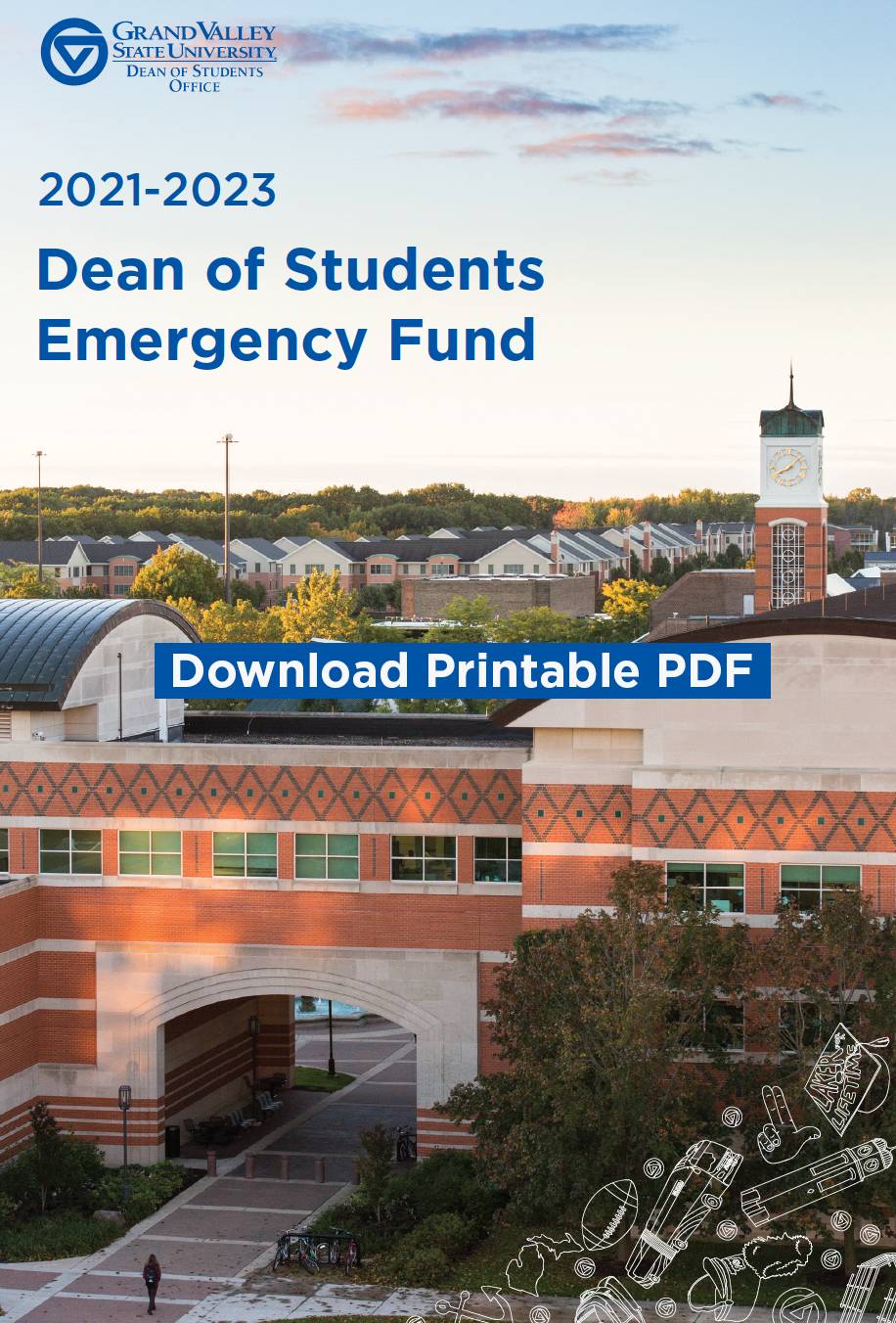 GVSU Student Services Building on Allendale Campus  with a blue button graphic that reads Download Printable PDF